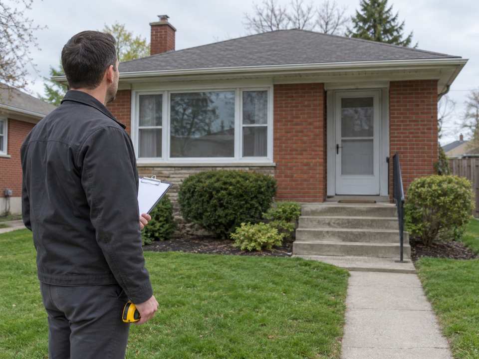 Home appraiser with a clipboard in front of a red-brick bungalow