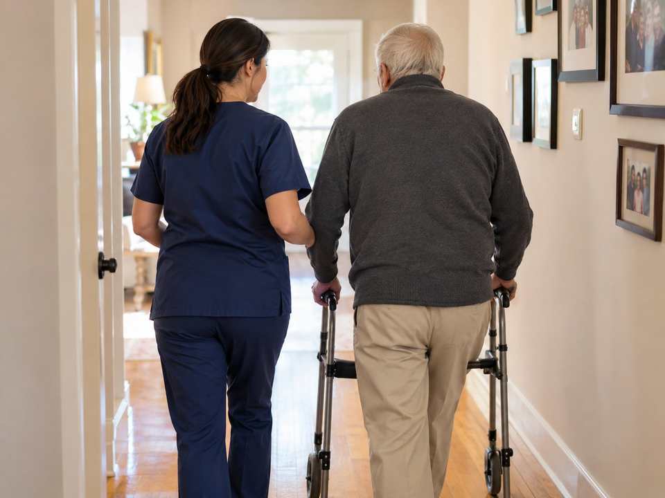 Home-care worker walking beside an older man using a walker in the bright hallway of a family home