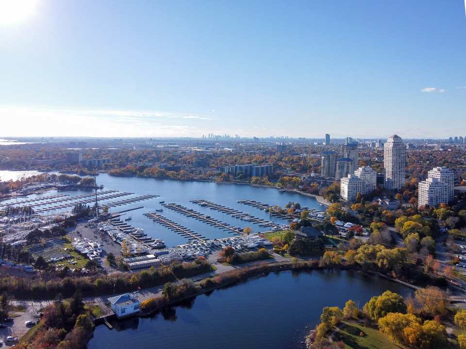 Aerial view of the Mimico waterfront in Etobicoke: marina, condo towers along Lake Shore Boulevard West and Humber Bay