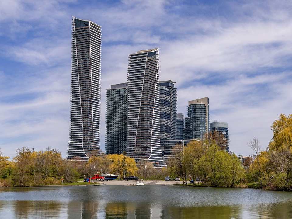 Condo towers at Humber Bay Shores, Etobicoke, seen across a pond in Humber Bay Park West