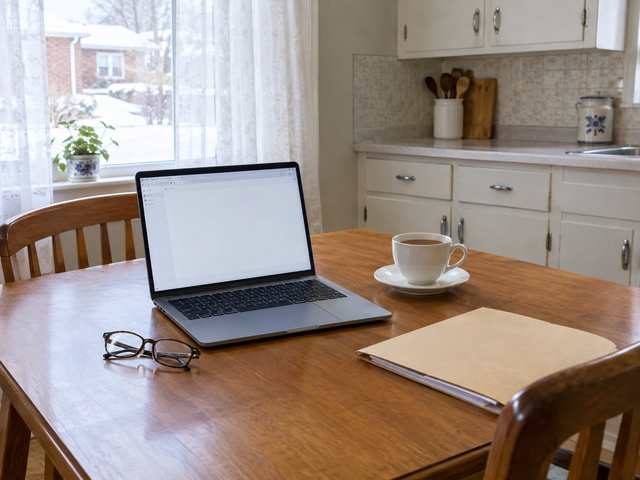 Kitchen table in a 1950s bungalow with an open laptop, reading glasses, a cup of tea and a folder of papers