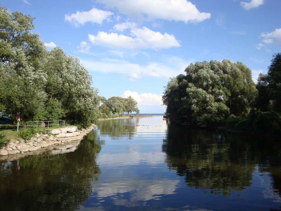 Etobicoke Creek flowing into Lake Ontario through Marie Curtis Park in Long Branch, Etobicoke